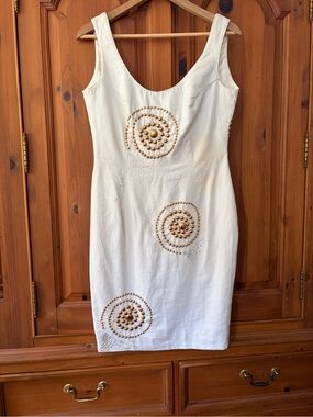 Neiman Marcus White Sleeveless Mini Dress with Gold Spiral Studs